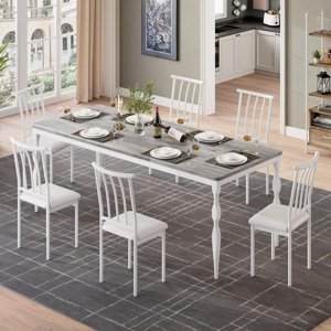 71" Farmhouse Table à manger pour 4-8 personnes, cuisine rectangulaire et salle à manger Table avec plateau épais résistant aux rayures et jambes en métal courbé, gris & blanc