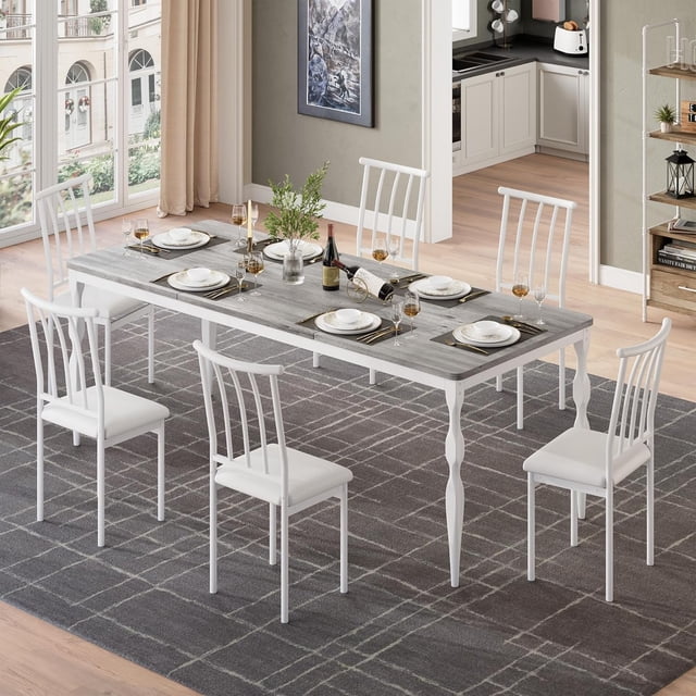 71" Dining Table for 6-8, Farmhouse Rectangular Dinner Table with Sturdy Metal Legs Scratch Water Resistant 30 mm Thick Tabletop, Rustic Kitchen Dining Room Table (Only Table), Gray & White