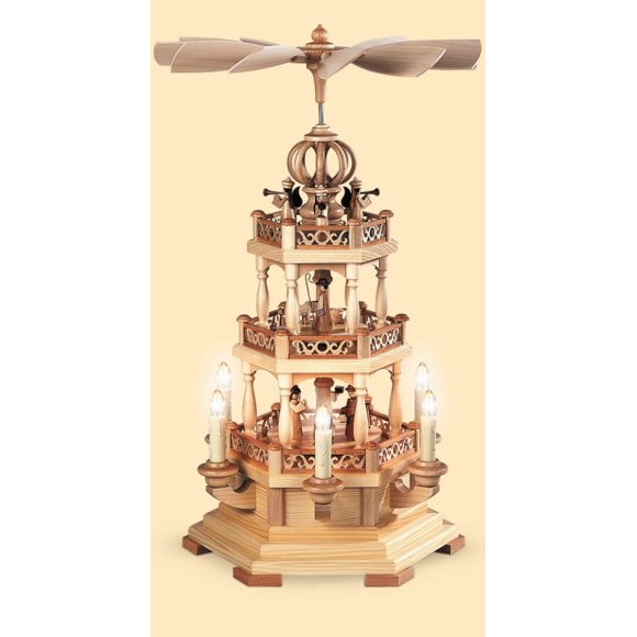 German christmas pyramid Christmas story with angels, 2-tier, height 49 cm / 19 inch, electrical illuminated and driven (120V, 50Hz for USA and Japan), natural, original Erzgebirge by Müller Seiffen