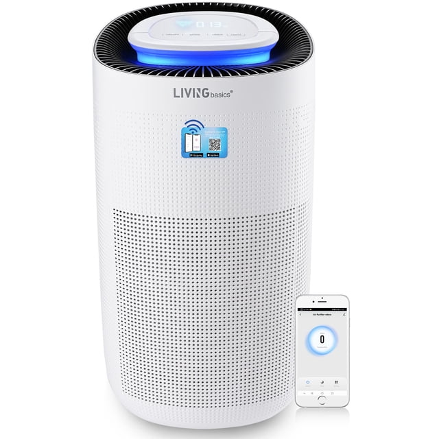 Smart Wifi Air Purifier for Home by LIVINGbasics, designed with H13 True HEPA filter to remove smoke, dust, odor, pollen, and allergens. Covers up to 538 sqft with 360-degree air outlet and dual-channel technology for efficient purification. Features air quality monitor with LED indicator, WiFi connectivity for remote control via Smart Life app, and modes like auto, sleep, and turbo. Compact white design with portable handle, child lock, and timer settings.