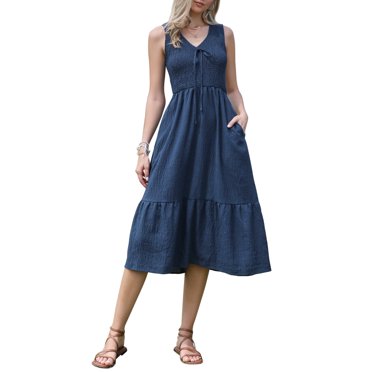 INSPIRE CHIC Robe Sans Manches pour Femmes Col en V Smockée Ligne A Été Décontractée à Volants Midi Robes L Bleu Foncé