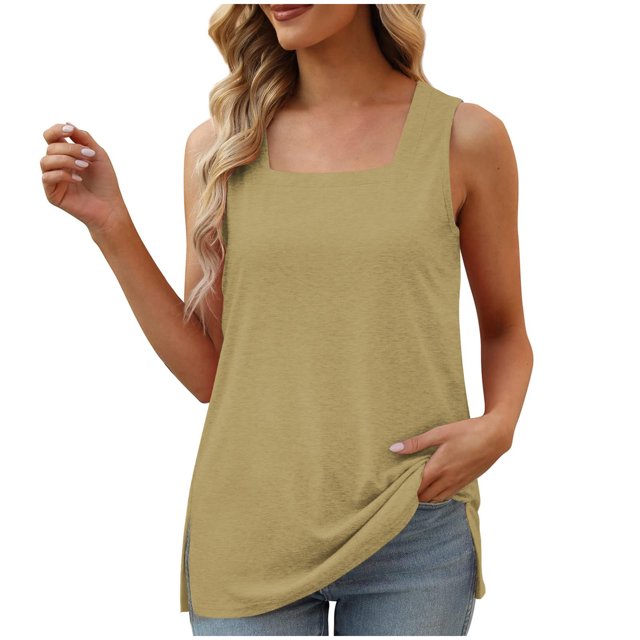 UPPADA Womens Débardeur à Encolure Carrée, Volanté, à Blocs de Couleur, Rayé, T-Shirt Débardeur d'Été Décontracté, Coupe Ample, Sans Manches, Chemise à Encolure Carrée, Débardeur Décontracté Fluide, Hauts de Plage, Kaki, TTTG