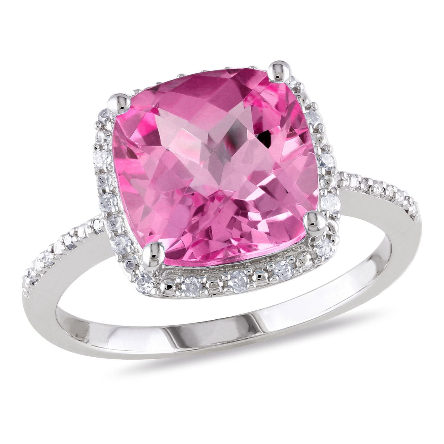 Bague cocktail de forme auréole Tangelo avec saphir rosé synthétique 5,75 CT PBT et accents de diamants, en argent sterling