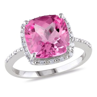 Tangelo 5.75 Carat T.G.W. Created Pink Sapphire and Diamond-Accent Sterling Silver Halo Cocktail Ring