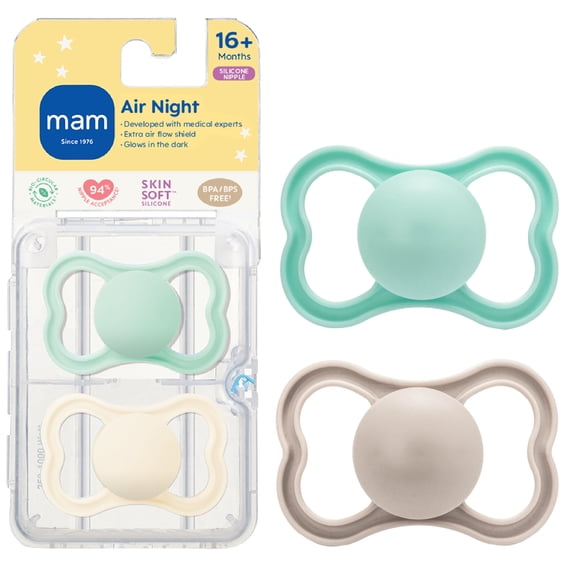 MAM Air Night Pacifiers (2 pack), MAM Sensitive Skin Pacifier 16+ Months, Glow in the Dark Pacifier, Best Pacifier for Breastfed Babies, Assorted, Baby Pacifiers