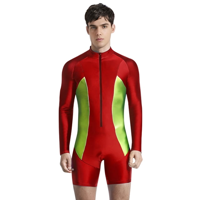 Oyolan Men's Long Sleeve Swimsuit Front Zipper One Piece Bathing Suit Rash Guard Swimming Sun Protective Red 3XL