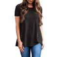 thumbnail image 3 of Women T-shirt Solid Color Button Top Blouse Solid Color Round Neck Short Sleeve Blouse, Black, S, 3 of 5