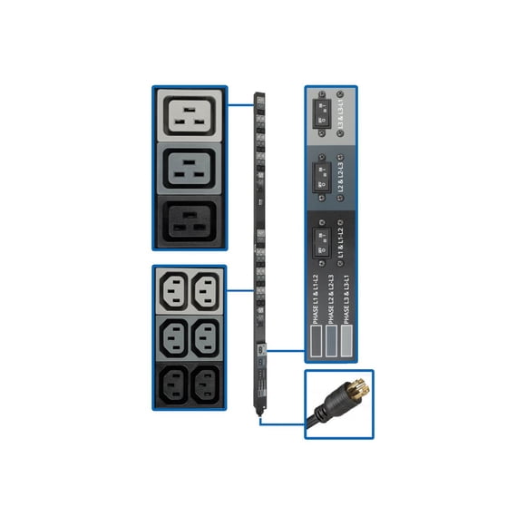 Eaton Tripp Lite Series 8.6kW 208/120V Three-Phase Basic PDU - 48 Outlets (36 C13, 6 C19, 6 5-15/20R), L21-30P Input, 6 ft. Cord, 70 in. 0U Rack - Power distribution unit (rack-mountable) - 30 A - AC 120/208 V - 8.6 kW - 3-phase - input: NEMA L21-30R - output connectors: 48 (power IEC 60320 C13, IEC 60320 C19, NEMA 5-15/20R) - 0U - 6 ft cord - TAA Compliant