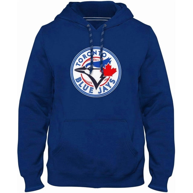 Men's Toronto Blue Jays Official Hoodie featuring a round logo with the team's iconic blue jay and red maple leaf design. The royal blue hoodie is made from a comfortable tri-blend fabric of polyester, cotton, and rayon, with a front kangaroo pocket and adjustable drawstring hood. Officially licensed MLB merchandise, ideal for casual wear or cheering on the Blue Jays.