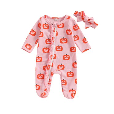 Honganda 0-12M Tenues d'Halloween pour Bébés Filles Imprimé Citrouille Manches Longues Fermeture Éclair Grenouillère et Bandeau