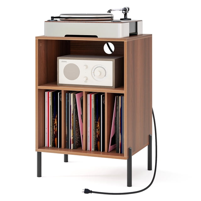 Giantex Record Player Stand in walnut finish featuring a spacious tabletop for a turntable, a middle compartment with a cable management hole, and four dividers for vinyl record storage. The stand includes sturdy black metal legs, a built-in charging station with 2 AC outlets, 1 USB port, and 1 Type-C port, and can hold up to 150 records. Its mid-century design makes it suitable for use as a nightstand, side table, or bedroom furniture addition.