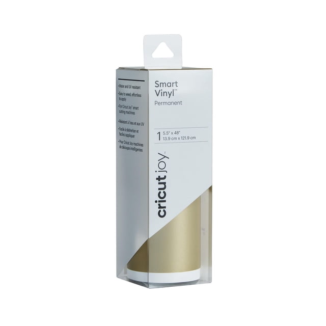Cricut Joy™ Smart Vinyl™ Matless Permanent Vinyl in gold, a 5.5" x 48" (13.9 cm x 121.9 cm) roll in white and clear packaging, water- and UV-resistant with permanent adhesive for Cricut Joy cutting machines, ideal for creating durable outdoor decals and personalized projects.