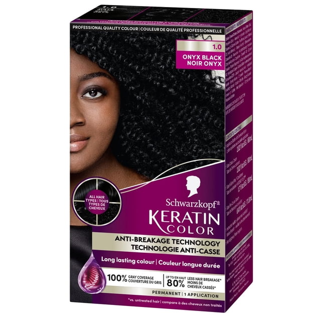 Schwarzkopf Keratin Color Permanent Hair Color Cream in Onyx Black 1.0, featuring anti-breakage technology for long-lasting colour with 100% gray coverage and up to 80% less hair breakage, suitable for all hair types, displayed in purple and black packaging with bilingual English and French text.