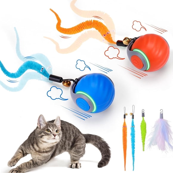 Interactive Cat Toy Ball, 2 Pack Automatic Rolling Cat Toys for Indoor Cats, Rechargeable Self Moving Cat Ball with 3 Replaceable Tails, 2 Speed Modes, Interactive Exercise Toy to Reduce Boredom Play