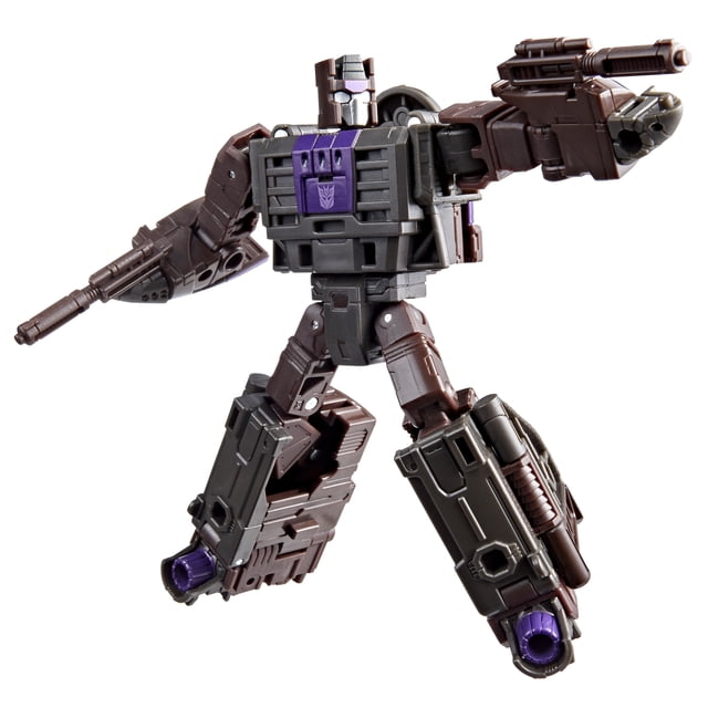 Transformers Age of the Primes Deluxe Class Combaticon Blast Off Action Figure in robot mode with dark gray and purple detailing, holding two blaster accessories, featuring articulated joints and detailed mechanical design, ideal for posing and display in action figure collections.