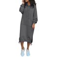 thumbnail image 1 of Women's Casual Loose Solid Color Drawstring Hoodie Fall Warm Fleece Sweatshirt Maxi Dress With Pocket, 1 of 5