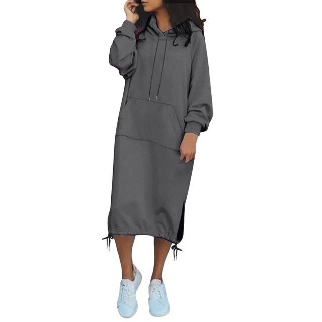 Women's Casual Loose Solid Color Drawstring Hoodie Fall Warm Fleece Sweatshirt Maxi Dress With Pocket