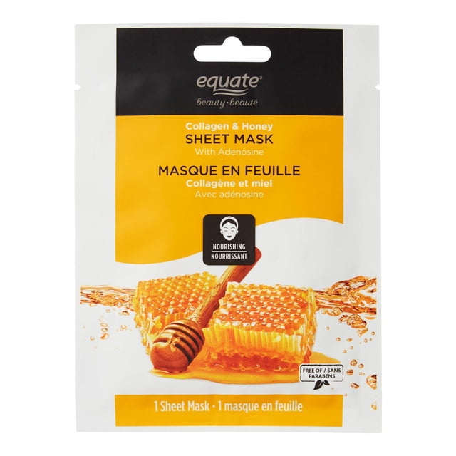 Equate Beauty Nourishing Collagen & Honey Sheet Mask in a white and yellow packet featuring honeycomb and a wooden honey dipper, paraben free and enriched with adenosine, designed for facial skin hydration and radiance.