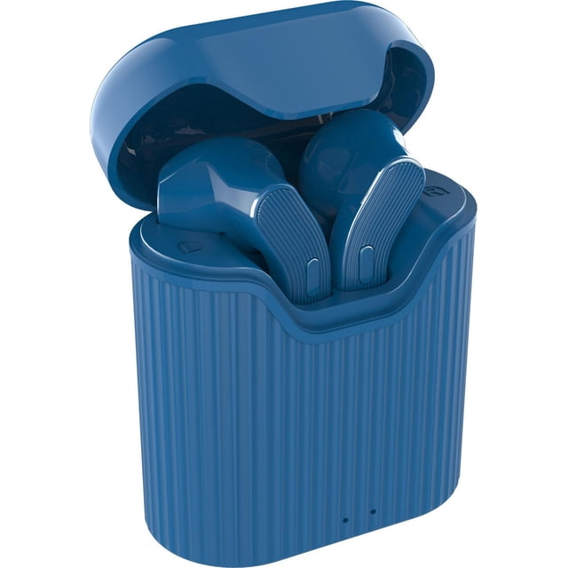 Wicked Audio EX2700 True Wireless In-Ear Bluetooth Headphones in a blue ribbed charging case with lid open, showing two blue earbuds with ergonomic angled housing and textured stems for easy pairing and comfortable fit, suitable for single or dual ear use.