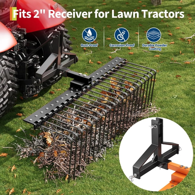 Heavy Duty Tow-Behind Landscape Rake for Lawn Tractor, ATV/UTV – 48/60 Inch Pine Straw & Dethatcher, Steel Spring Rake, 17 Coil Tines, 2" Receiver Hitch – Efficient for Leaves, Pine Needles, Grass