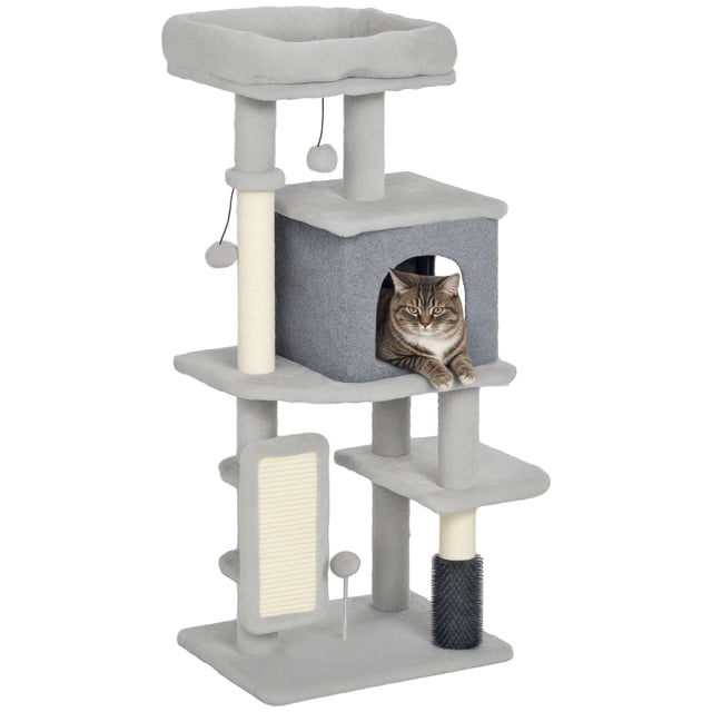 PawHut 41 Inch Cat Tree with Scratching Posts, Cat Bed, and Condo in light grey. This medium-sized cat tree features multiple platforms, a cozy cat bed, a spacious condo with a circular entry, and sisal-wrapped scratching posts. Includes a grooming brush post, hanging toys, and a soft plush covering for comfort. Designed for one cat up to 10 lbs (5 kg).