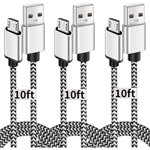 Micro USB Câble, 10ft 3 Pack cordon de charge extra longue Nylon tressé haute vitesse durable charge rapide USB Chargeur câble Android pour Samsung Galaxy S7 Edge S6 S5,Téléphone Android,LG