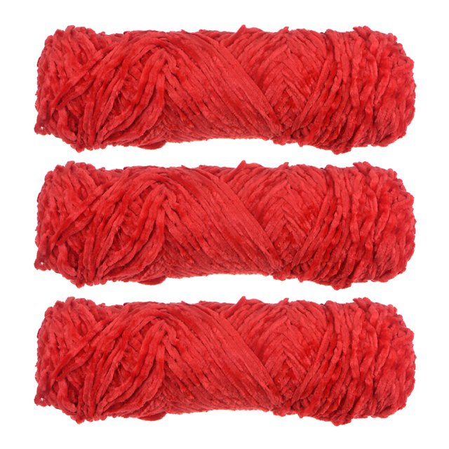 Unique Bargains Chenille Polyester Velvet Red Yarn, 3 Skeins. The yarn is made of 100% polyester with a soft, fluffy, and thick texture resembling velvet. Each skein weighs 100g (3.5oz) and measures 131 yards in length. Ideal for crafting blankets, scarves, hats, cushions, sweaters, and more. The vibrant red color adds a bold touch to DIY projects. Package includes three skeins of velvet yarn.