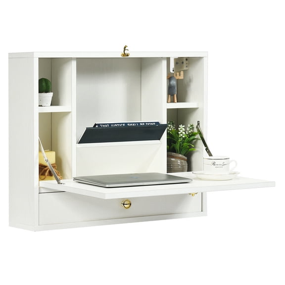 Gymax Wall Mounted Folding Laptop Desk Hideaway Organizer Storage Space Saver w/Drawer