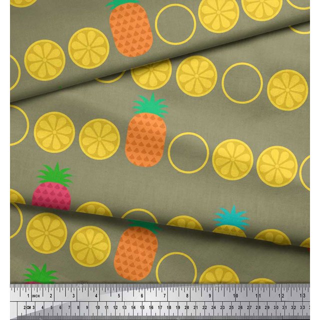 Soimoi Green Poly Georgette Fabric Pine & Lemon Slices Fruits Decor Fabric Printed Yard 52 Inch Wide