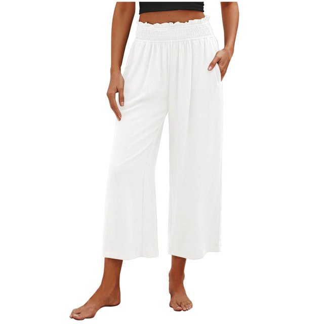 VEKDONE Womens Cotton Linen Capris Pants White XXL