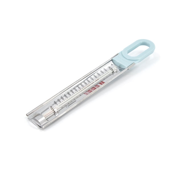 KitchenAid Curved Candy Paddle Thermometer with a curved stainless steel paddle that hugs cookware sides for even heating, a light blue stay-cool nylon handle, adjustable silicone-coated clip to prevent scratching, and dual Fahrenheit and Celsius scales with key candy temperature ranges, suitable for candy making and deep frying.