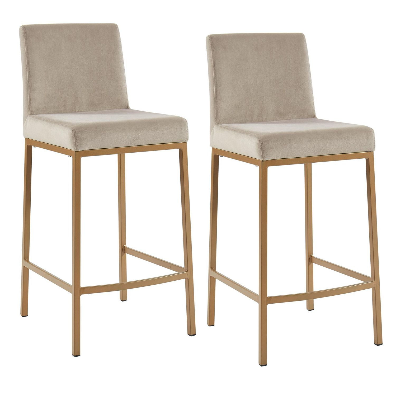 Contemporaine Velours et Métal Tabouret de Comptoir, 26 Po, Jeu de 2 - Beige et Or Vieilli