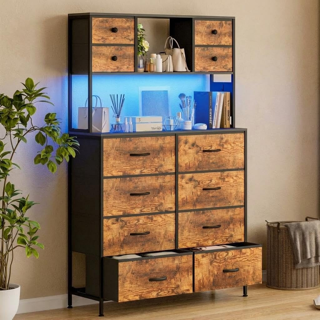 Commode 12 Tiroirs, Grand Coffre de Rangement en Tissu avec Lumière LED et Station de Charge, 3 Étagères Ouvertes, Cadre Métallique et Plateau en Bois Organisateur de Rangement pour Salon, Entrée, Couloir, Chambre