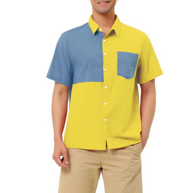 Unique Bargains Chemises pour Hommes à Manches Courtes d'Été en Coton Patchwork à Boutons