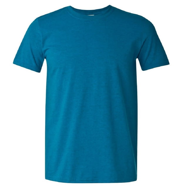 Gildan Mens Short Sleeve Soft-Style T-Shirt in a plain teal design, made from a blend of ringspun cotton and polyester for a soft touch. Features a round neckline, short sleeves, ribbed collar, taped neck and shoulders, and twin needle stitching on the hem and sleeves. Certified for sustainability with Fair Labor Association, OEKOTEX, REACH, Sedex, and WRAP standards. Available in sizes S to 5XL.