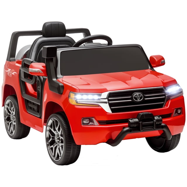 Qaba 12V Electric Car for Kids, a licensed Toyota LAND CRUISER ride-on toy in red. Features include built-in songs, USB port, FM radio, two headlights, and a horn for realistic play. Designed for children aged 37-72 months, it offers manual driving or parent-controlled remote operation. The car has a 12V dual motor, spring suspension, and adjustable speeds for smooth rides. Dimensions are 42.1 inches long, 25.6 inches wide, and 21.9 inches high. Weight capacity is 66 lbs.