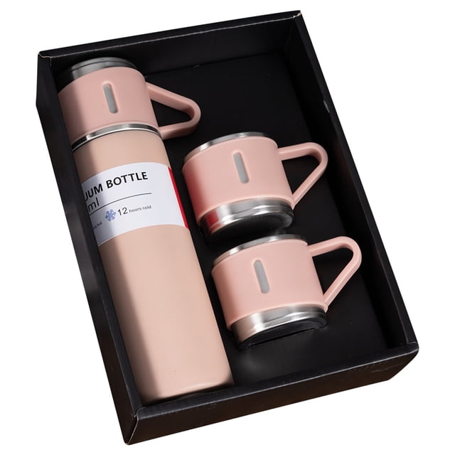 Czzoypi Cup (Pink), Insulated Tumbler Exquisite Insulation Set featuring a vacuum-insulated bottle and two matching mugs in a soft pink finish with stainless steel accents. The set is designed for maintaining beverage temperatures, keeping drinks hot for up to 6 hours and cold for up to 12 hours. The tumbler and mugs are compact, lightweight, and include ergonomic handles for easy portability. Presented in a sleek black box, this set is ideal for travel, office, or outdoor use.
