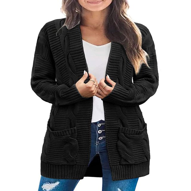 Women Cable Knitted Cardigan Outwear Solid Color Long Sleeve Open Front Sweater Jacket with Pockets