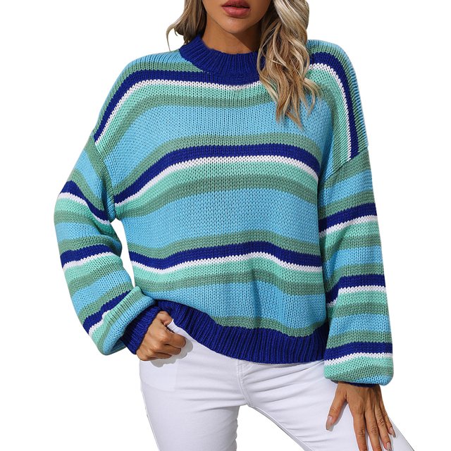 Yuyuzo Women Sweater Long Sleeve Round Neck Patchwork Color-Block Pullover Fashion Striped Sweater Blouse
