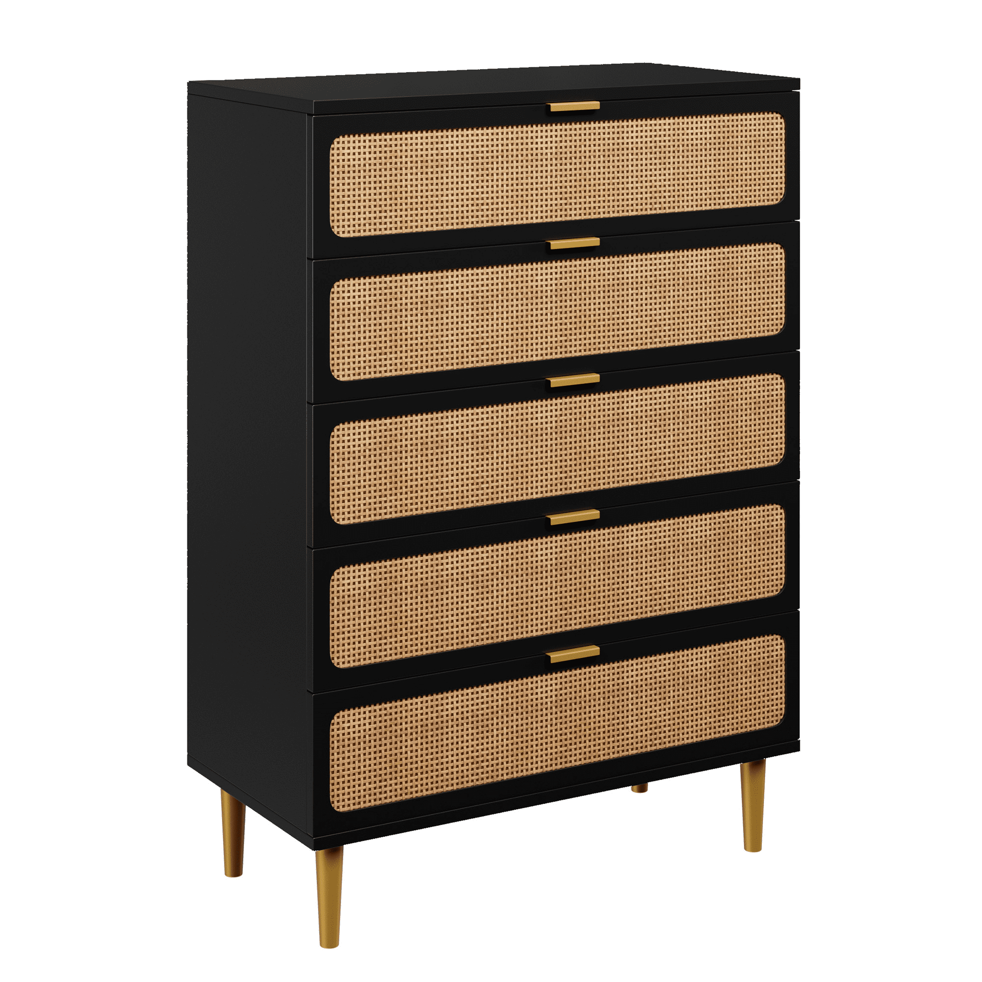 Rattan 5 Drawer Dresser for Bedroom, Large Double Dresser with Deep Drawers, Chest of Drawers for Closet with Wide Top, Long Wooden Dresser for Living Room, Hallway, Kid Room