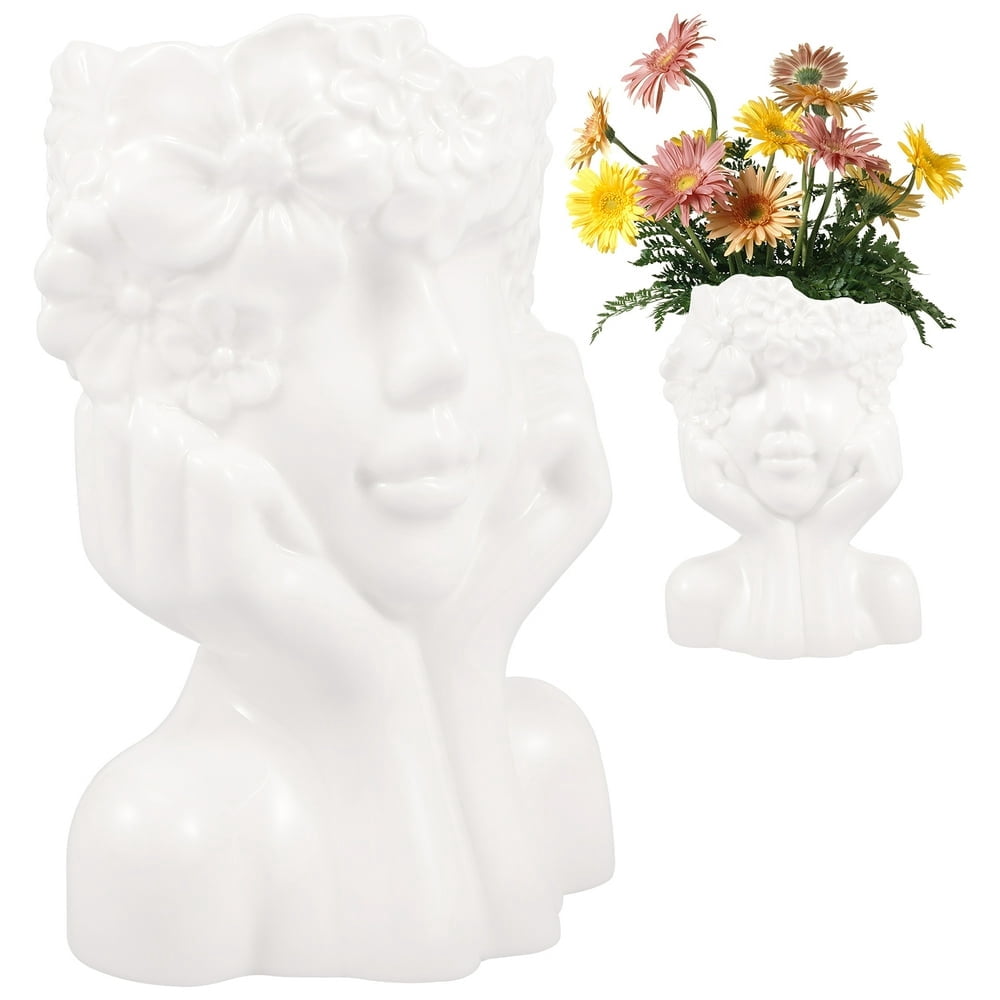 Head Flower Pots White Ceramic Face Planter Decorative Creative Face Vase Multipurpose Flower Pots Elegant Head Plant Planters for Plants Desktop Office Home Decoration 4.53x3.35x6.3 inch