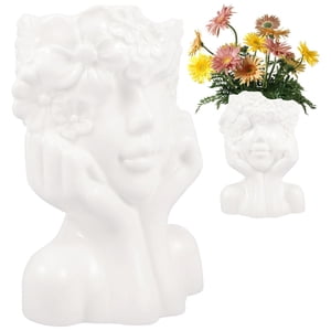 Head Flower Pots White Ceramic Face Planter Decorative Creative Face Vase Multipurpose Flower Pots Elegant Head Plant Planters for Plants Desktop Office Home Decoration 4.53x3.35x6.3 inch