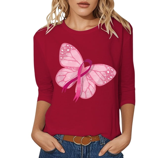 Fgnfyis T-Shirts pour Femmes Sensibilisation au Cancer Haut Décontracté Col Rond Manches Trois Quarts Design Imprimé pour Usage Quotidien et Occasions Festives Printemps Été Automne Hauts pour Femmes Rouge Melon D\'eau S