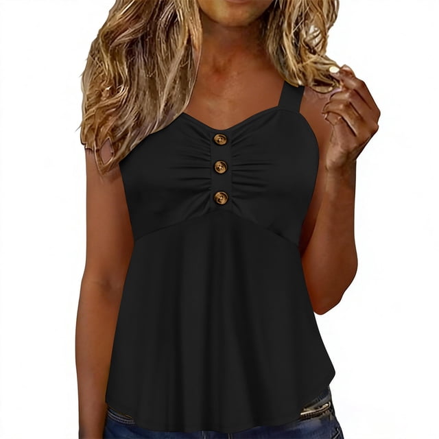 Craaazy Womens Fashion Ruched Button Detail Cami Tops, Flared Hem Sleeveless Blouses for Beach, Daily Wear & Vacation Gifts