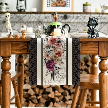 Linen Halloween Tablecloth Halloween Gothic Skull Tablecloth Day Of The Dead Roses Skull Decor Halloween Decorations And Supplies For Home Table 13 × 72in