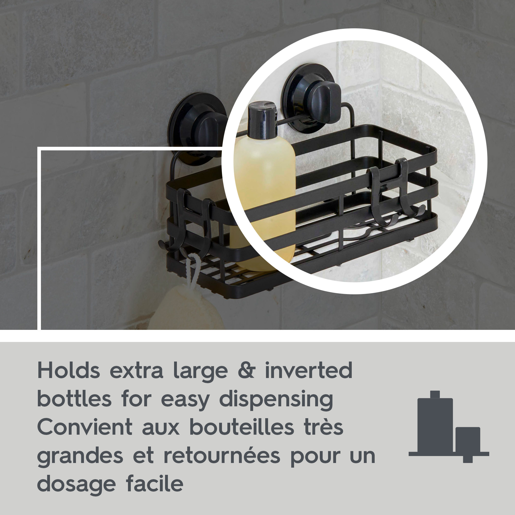 Panier de rangement de douche Better Homes & Gardens à fixation adhésive ou à ventouse, noir mat