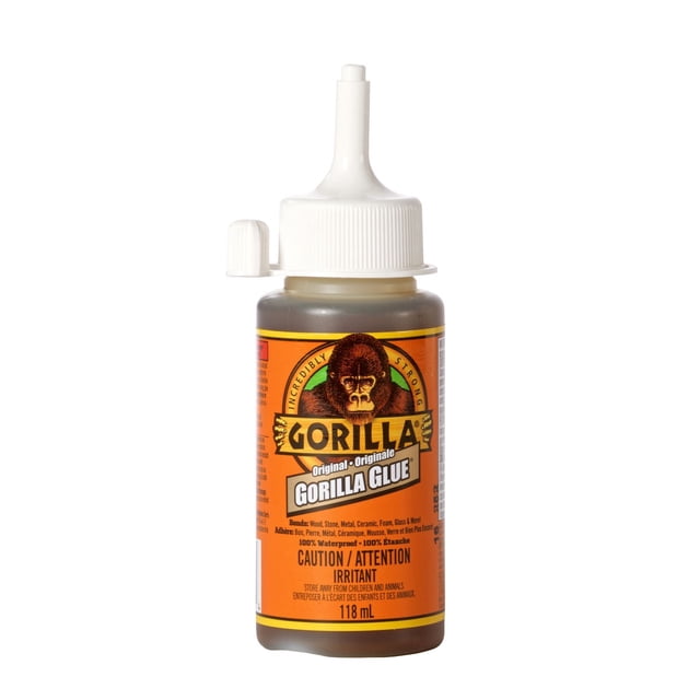 Gorilla Glue Original 118 mL bottle with orange label and gorilla logo, white twist cap with nozzle, waterproof and temperature resistant adhesive that bonds wood, stone, metal, ceramic, foam, and glass, known for industrial holding power and versatility.