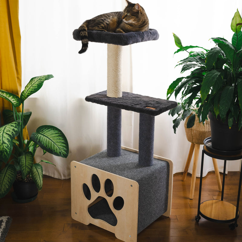 Hut Hideout - Arbre à chat de luxe à 3 niveaux (noir)