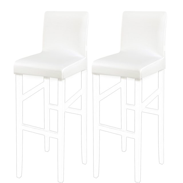 Stretch bar stool cover for bar height side chair slipcovers, shown in a plain white design. The covers are made of 95% polyester and 5% spandex, offering a soft, wrinkle-resistant, and elastic fit. Suitable for chairs with back height of 12-14 inches, back width of 14-16 inches, seat length and width of 14-16 inches, and seat thickness of 1.5-4 inches. Ideal for updating old chairs or protecting them from wear, these covers are easy to install, machine washable, and perfect for use in homes, bars, cafes, or dining rooms.