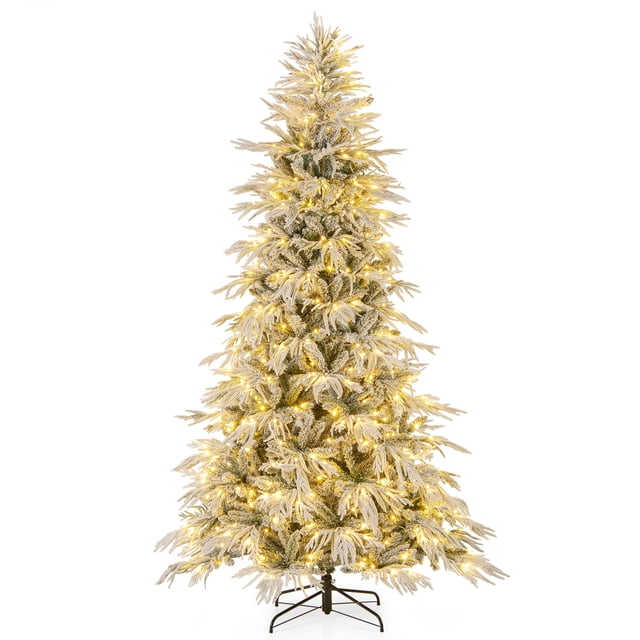 Costway 7 FT Artificial Christmas Tree with 820 PE PVC Branch Tips & 340 LED Lights. A flocked green and white tree with realistic PE and PVC leaves, 340 warm white LED lights, and a sturdy folding metal stand. Perfect for Christmas decor, holiday centerpiece, or festive gatherings. Easy setup with hinged branches.